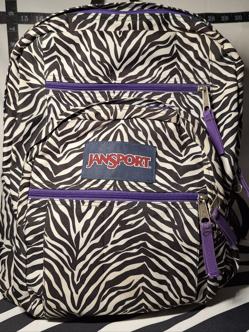 Jansport Backpack, Zebra Stripes, Dark Brown/Black & White w/Purple Accents